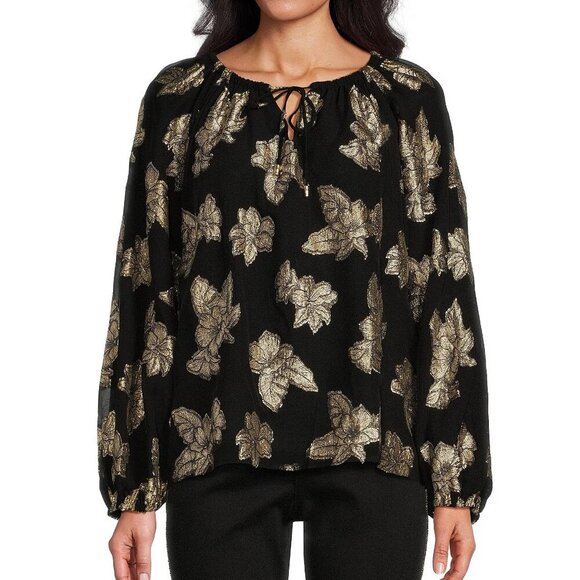 Tommy Bahama Peasant Top Women's Size XL Black Shimmering Jacquard Print Boho - Picture 1 of 10